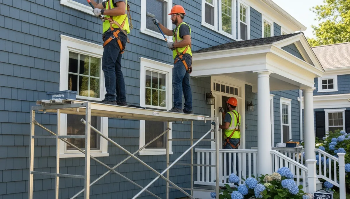 Painter in Plymouth, MA applying exterior house paint for a professional residential painting service